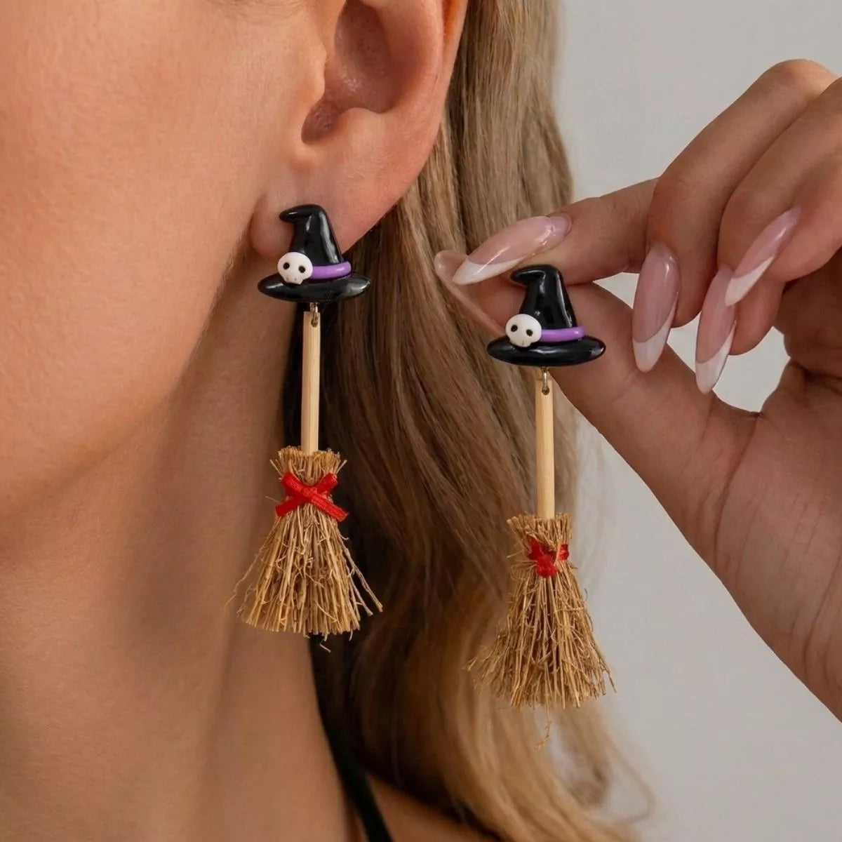 Halloween Witch Hat and Broomstick Dangle Earrings - alternate earring view