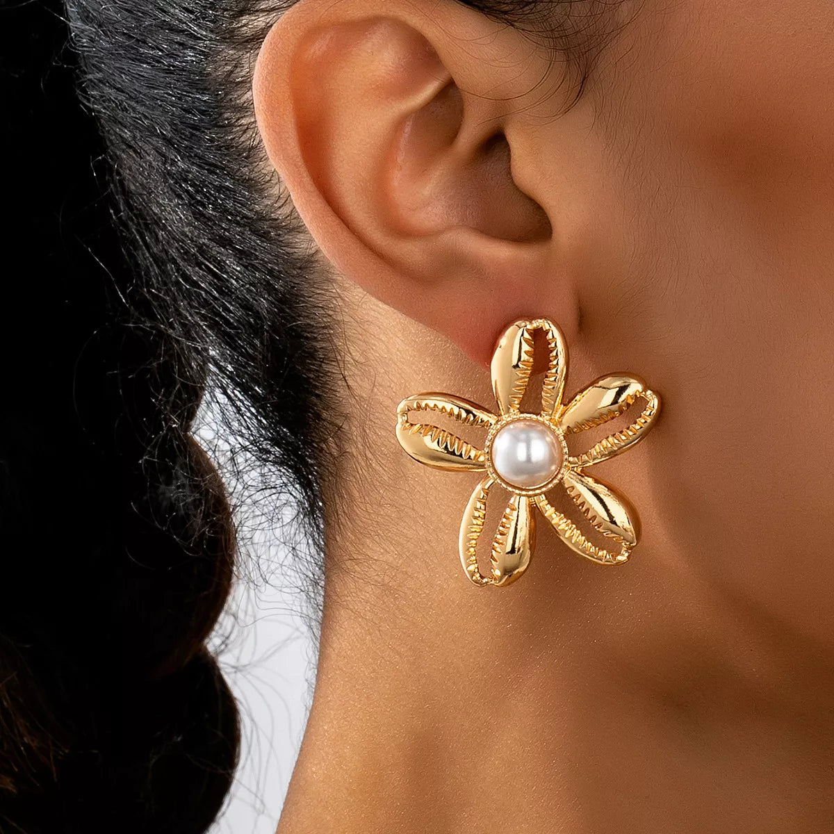 18K Gold-Plated Gold Flower Synthetic Pearl Stud Earrings in Gold - women's stud earrings