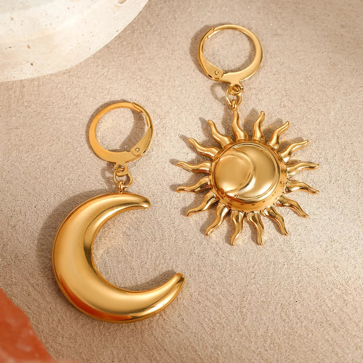 18K Gold-Plated Asymmetrical Sun & Moon Earrings - alternate earring view