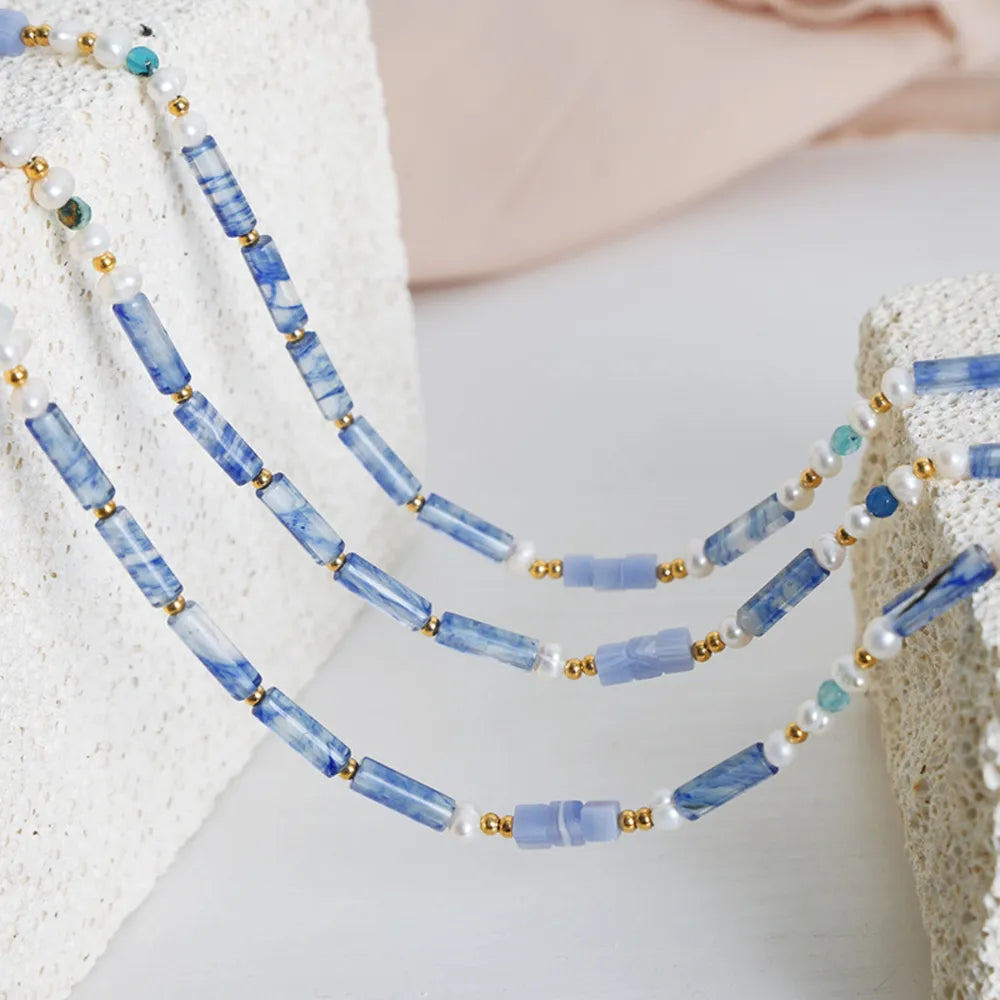 Freshwater Pearl Titanium Steel Geometric Bead Necklace - alternate necklace view