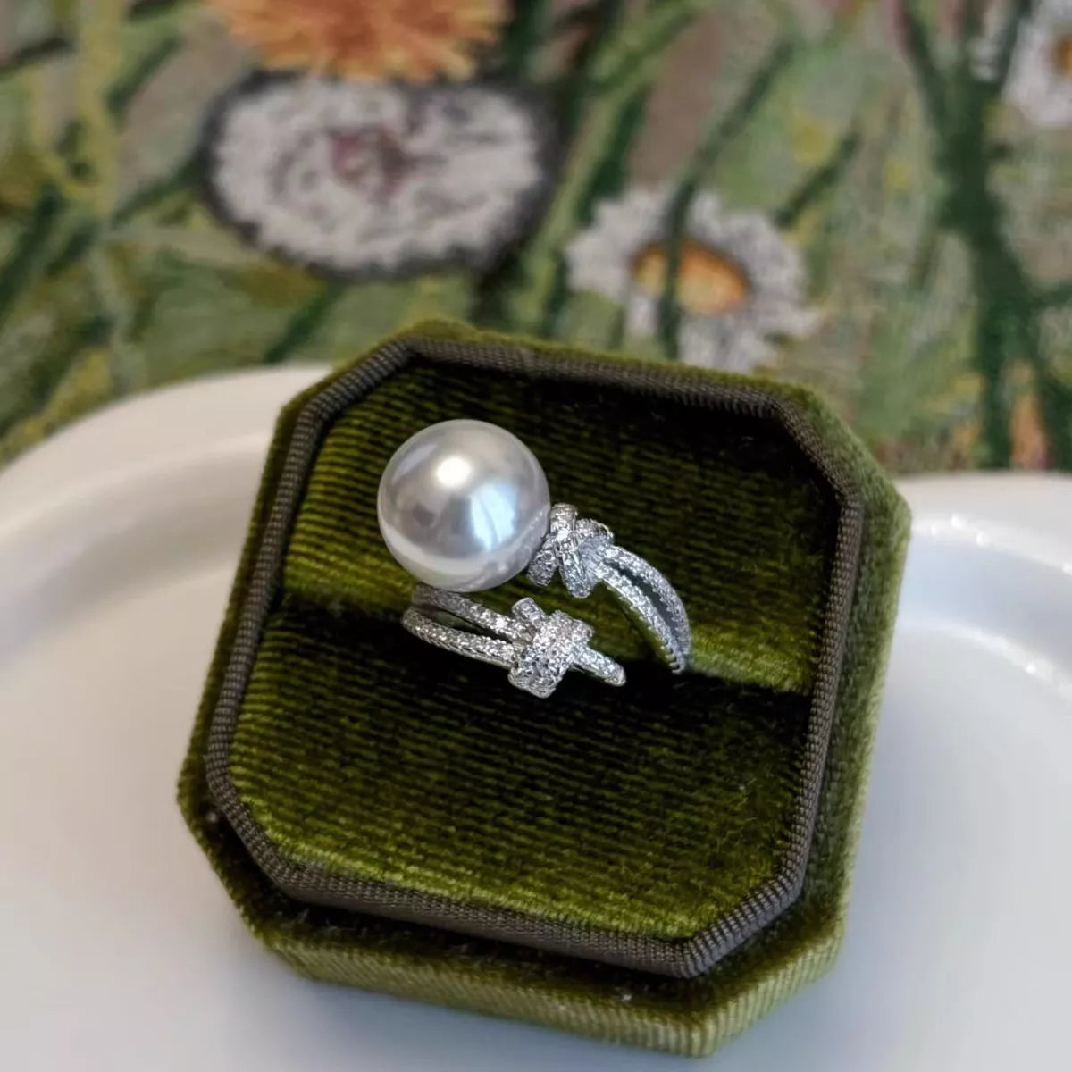 Pearl Zircon Bypass Ring - alternate ring view