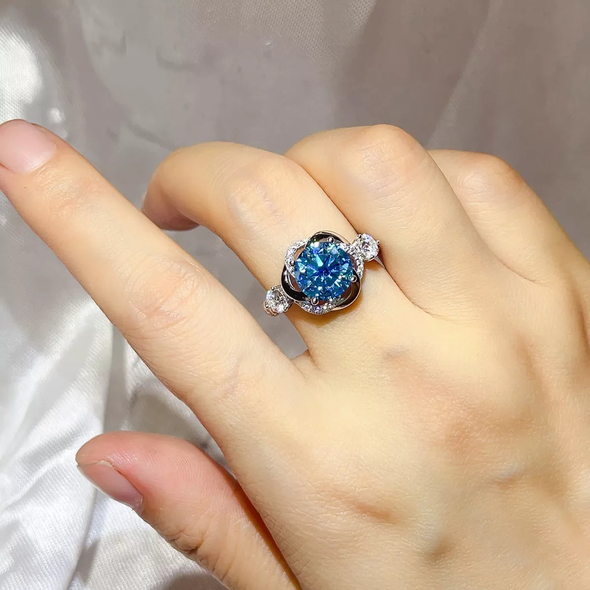 3 Carat Sterling Silver Moissanite Ring in Blue - women's ring