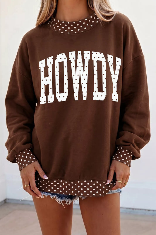 'HOWDY' Graphic Polka Dot Trim Sweatshirt in Brown - women's sweatshirt