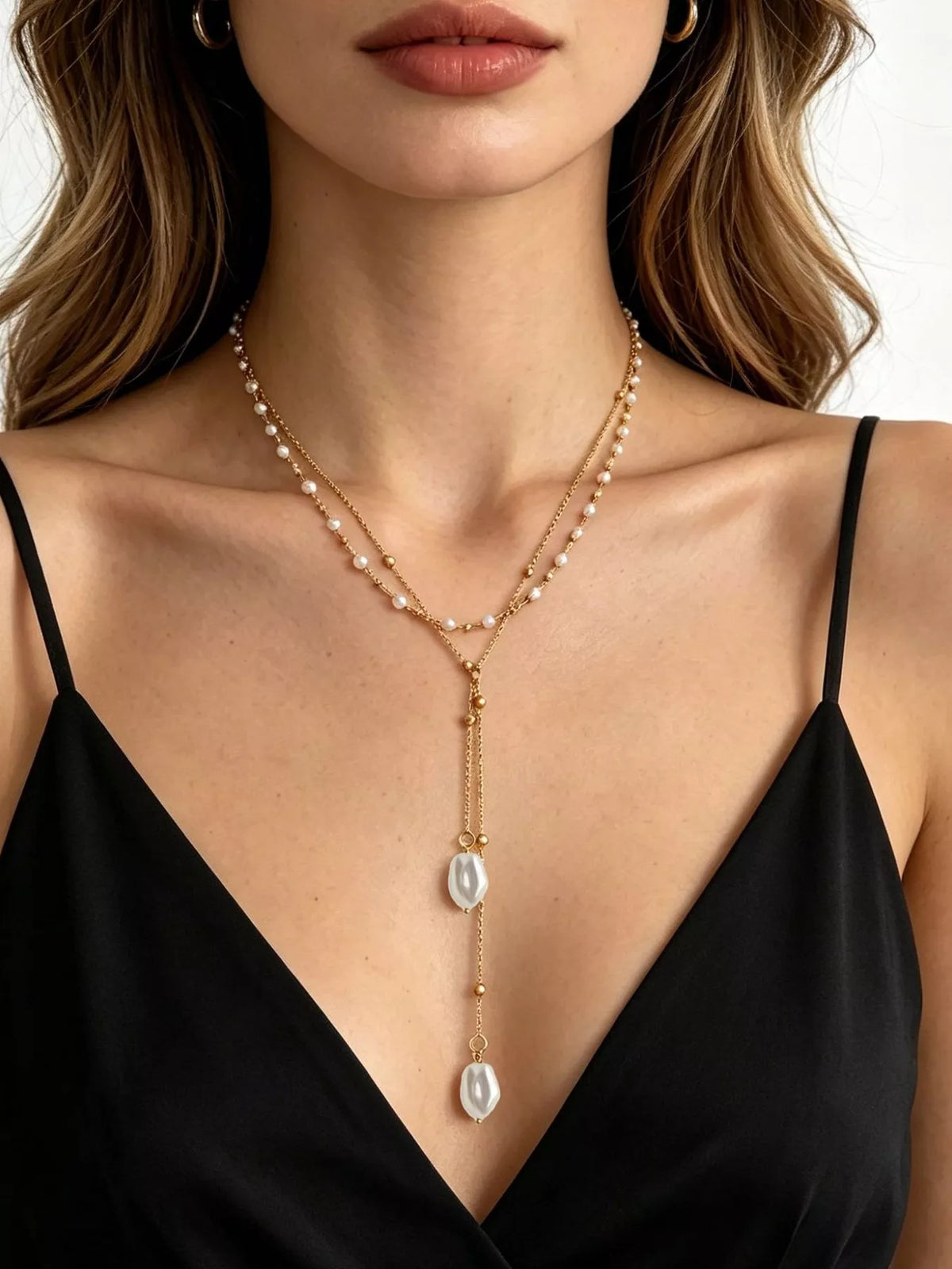 Elegant Layered Y-Shaped Pearl Pendant Necklace in Gold - women's pendant necklace