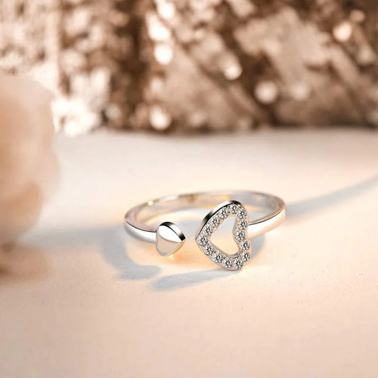 Sterling Silver Inlaid Zircon Heart Open Ring - alternate ring view