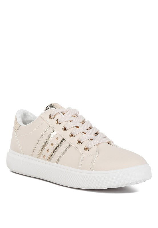 Stylish sneakers crafted from faux leather with a comfortable TPR sole. Features a closed round toe and lace-up detail for a secure fit. The metallic croc faux leather back panel and flatform heels add unique sophistication. Perfect for upgrading your footwear game. Free shipping on all orders. Shop now!
