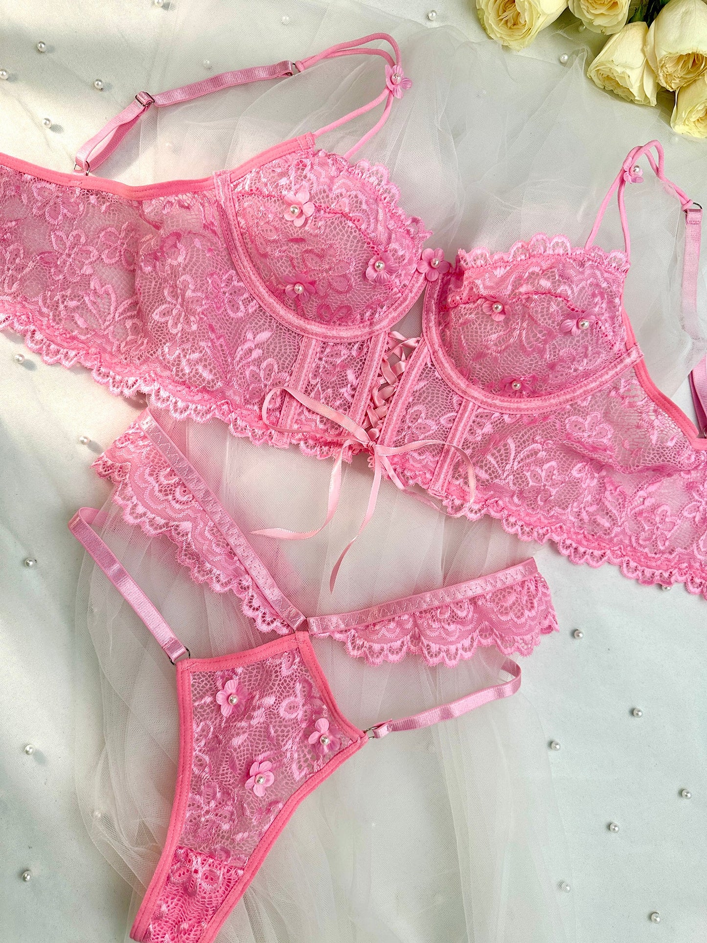 Pink Pearls Small Flower Lace Lingerie Set
