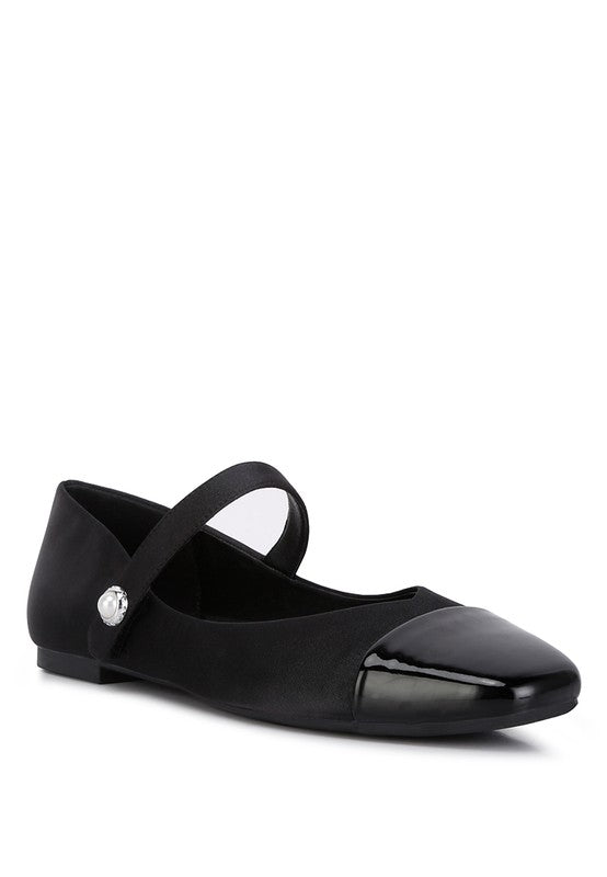 Mary Jane Flats crafted with a satin upper and TPR outer sole, featuring a closed square toe and patent toe cap for a sleek look. The light cushion insoles provide lasting comfort, and the snap button closure ensures a perfect fit. Ideal for adding elegance and practicality to any outfit. Free shipping on all orders. Shop now!