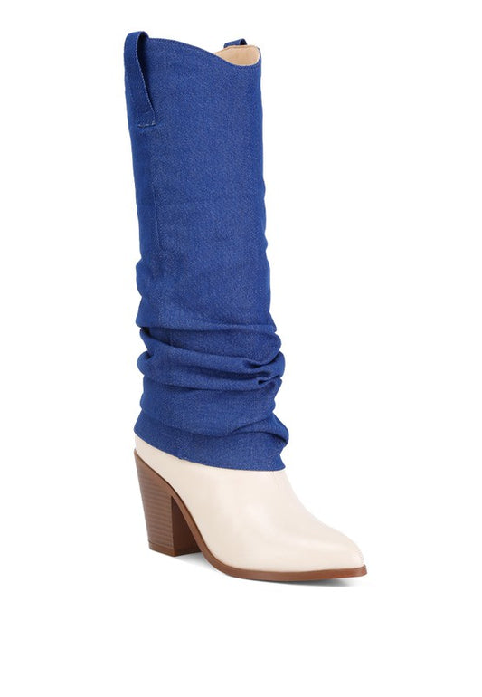 Denim Sleeve Boots featuring a unique blend of faux leather and denim for a trendy, stylish look. With light cushioned insoles and low stacked heels for comfort, these closed pointed toe boots also include slip-on style and pull tabs for convenience. Step out in style with these fashionable boots. Enjoy free shipping on all orders. Shop now!