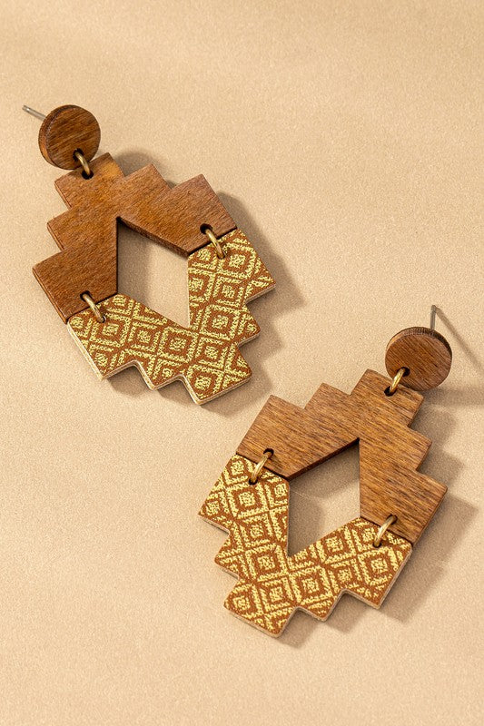 Wooden Color-Block Drop Earrings
