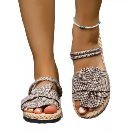 Bow Open-Toe Flats Sandals in Khaki - women's flat sandals