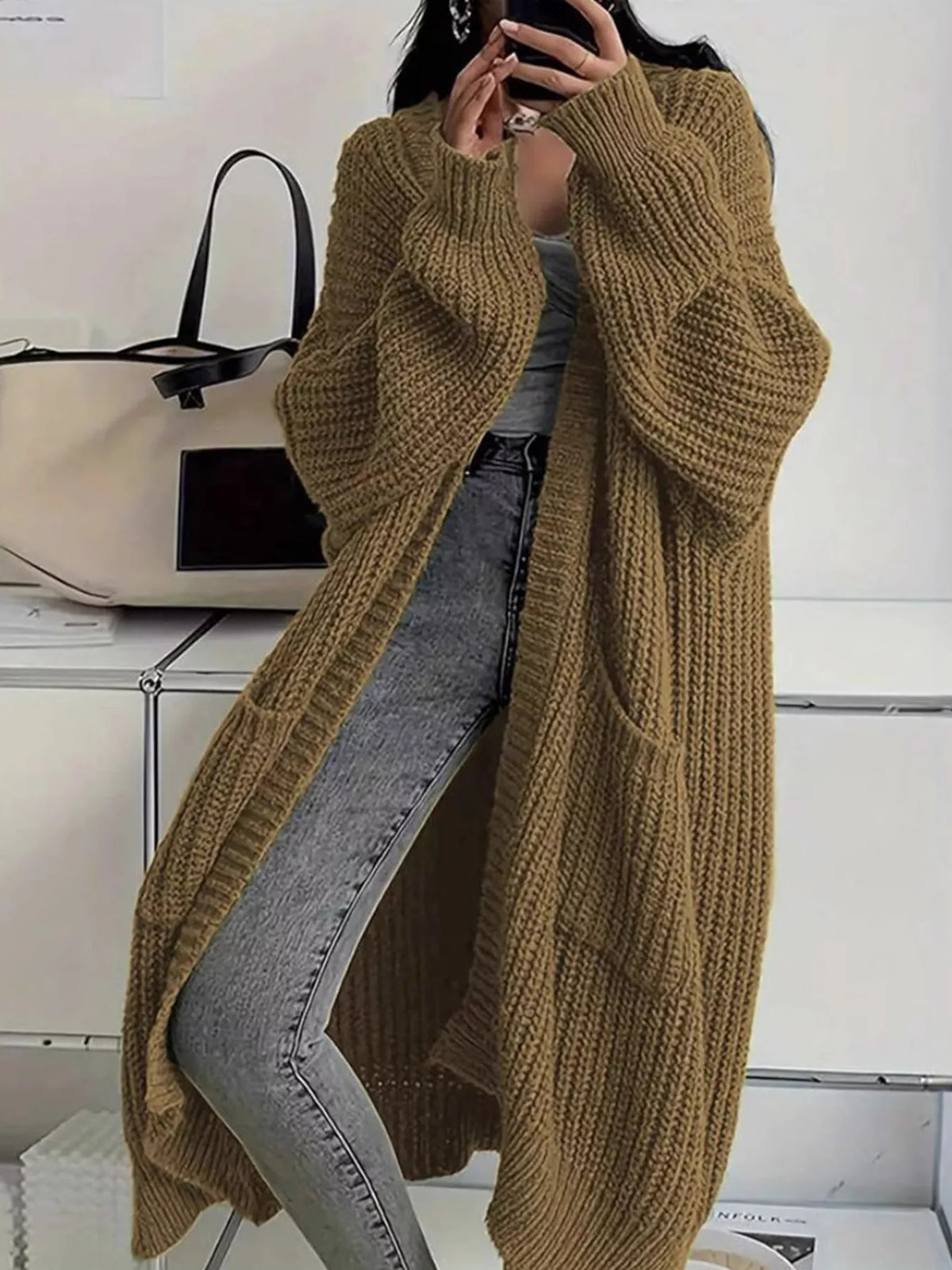 Chunky-Knit Openwork Front Longline Cardigan in Pink - women's cardigan