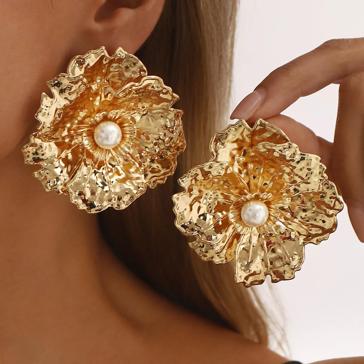 Gold Textured Flower Pearl Center Statement Earrings in Gold - women's earrings