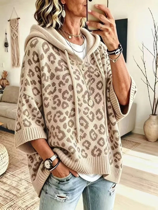 Leopard Print Hooded Knit Sweater in Apricot - women's hooded sweater