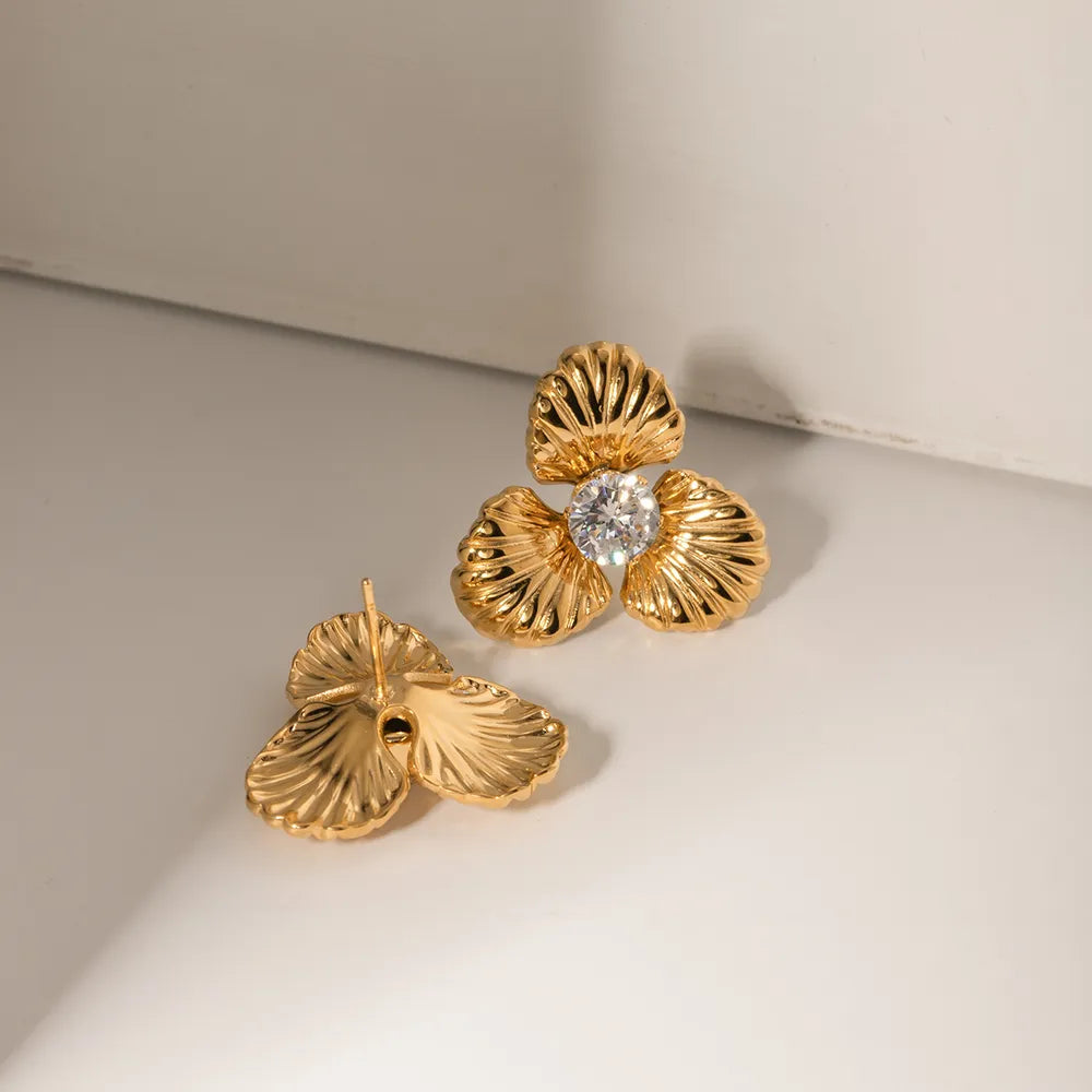 Stainless Steel Zircon Flower Shape Earrings - alternate earring view