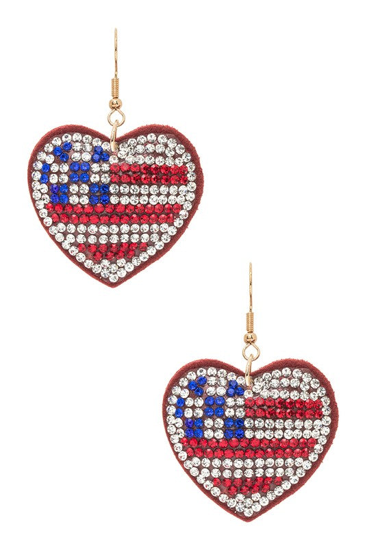 USA Flag Rhinestone Heart Earrings