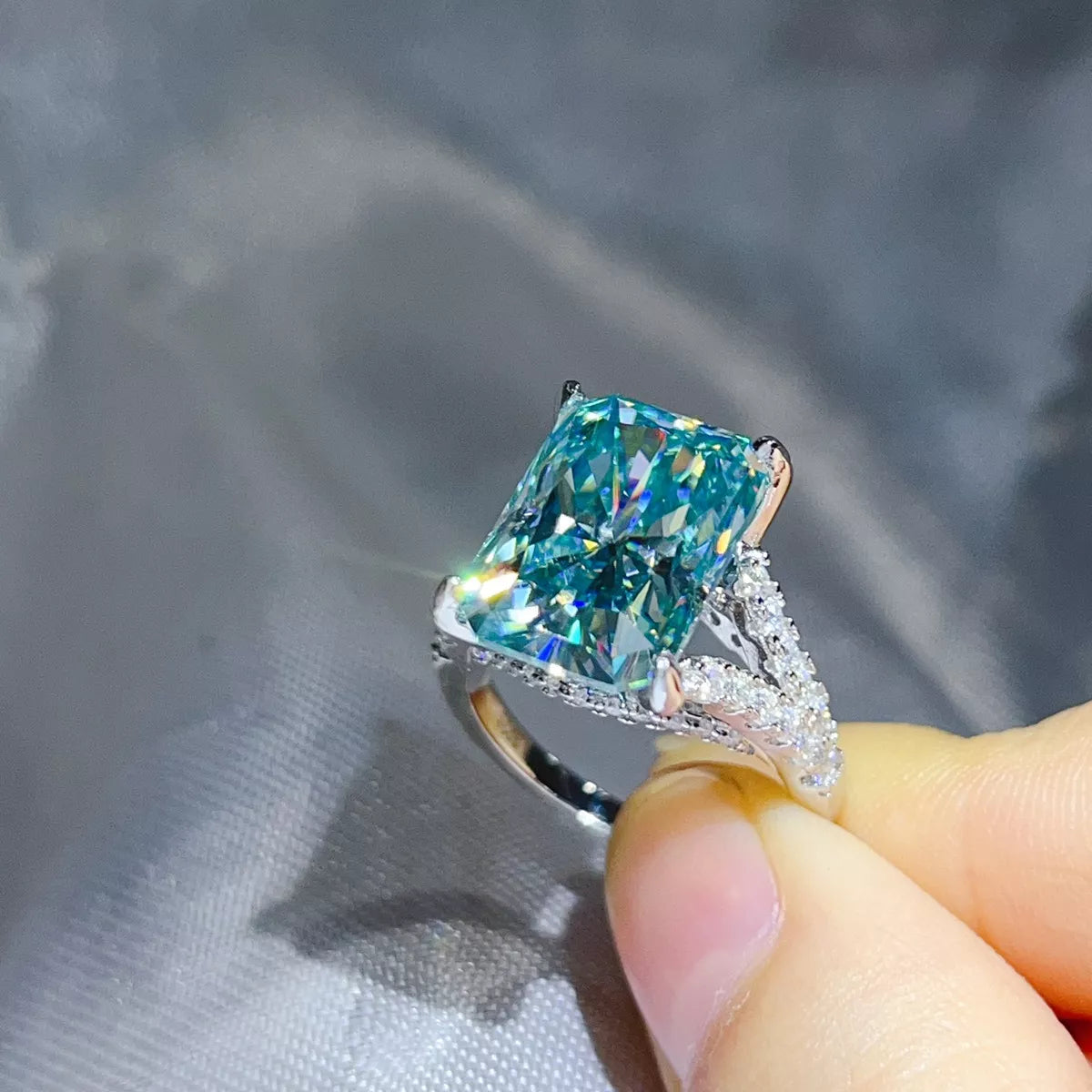 10 Carat Sterling Silver Moissanite Ring in Mint Blue - women's ring