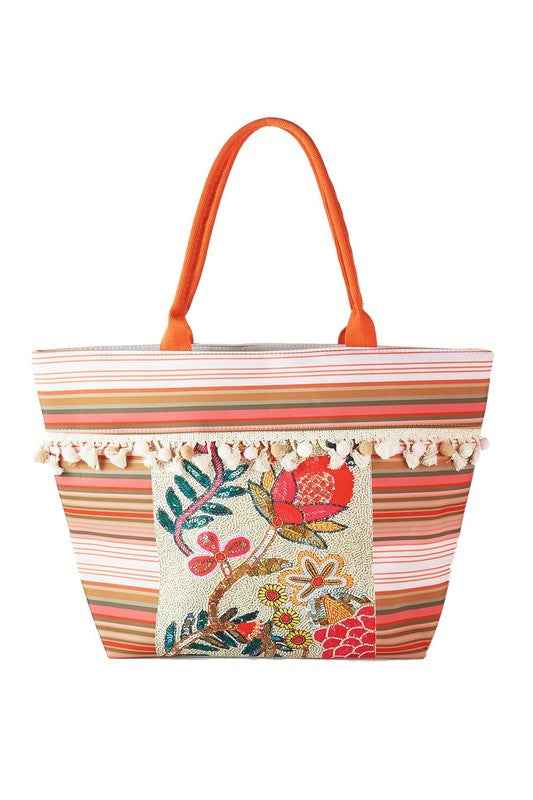 Flower and Tassel Beaded Tote Bag