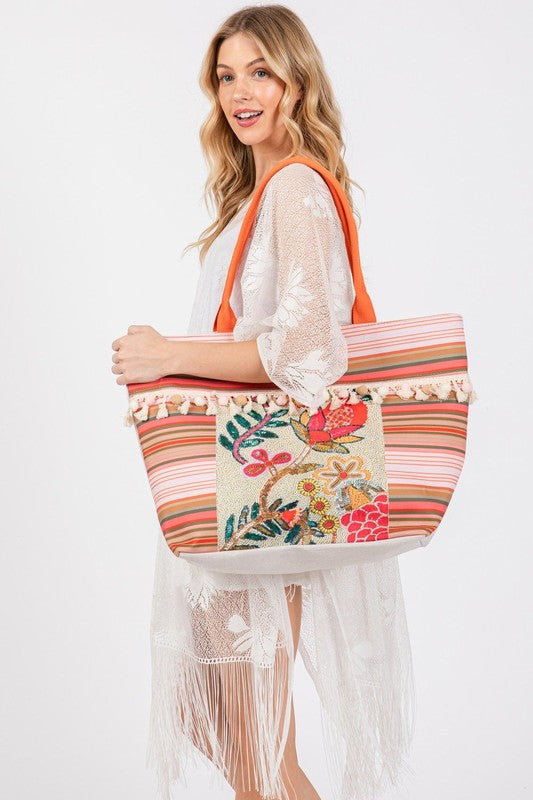 Flower and Tassel Beaded Tote Bag