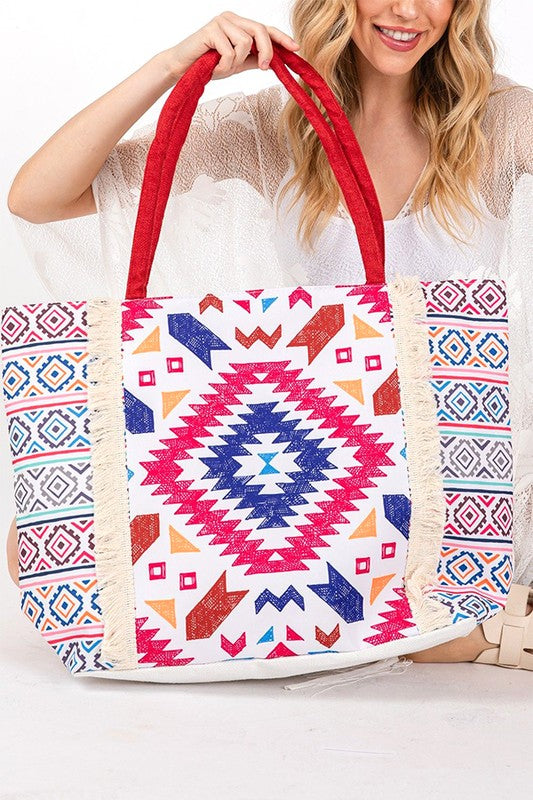 Aztec Printed Embroidered Tote