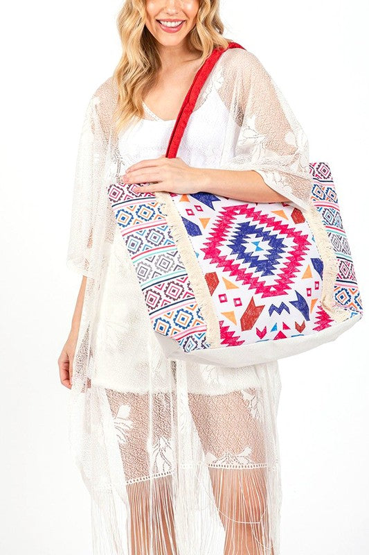 Aztec Printed Embroidered Tote