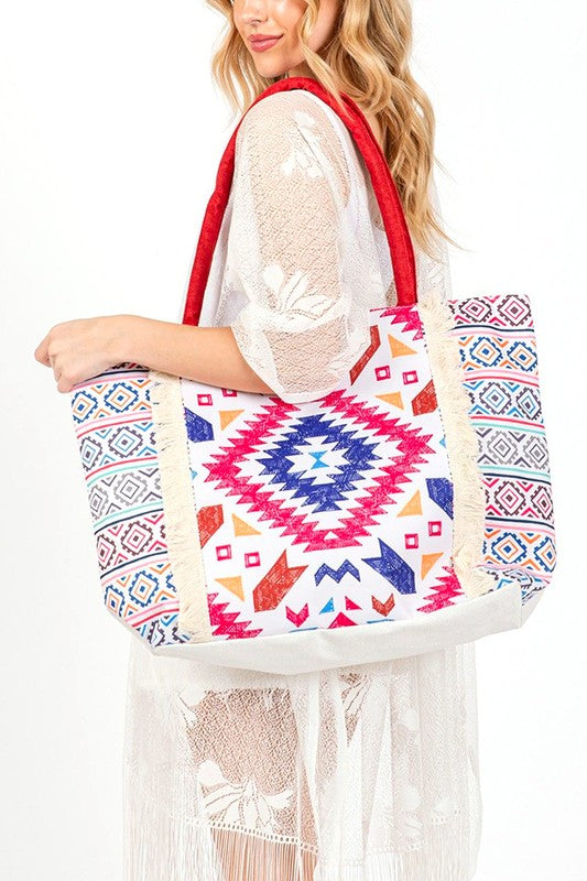 Aztec Printed Embroidered Tote