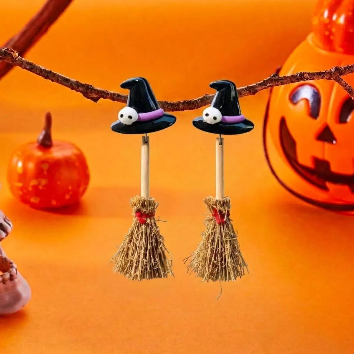 Halloween Witch Hat and Broomstick Dangle Earrings - alternate earring view