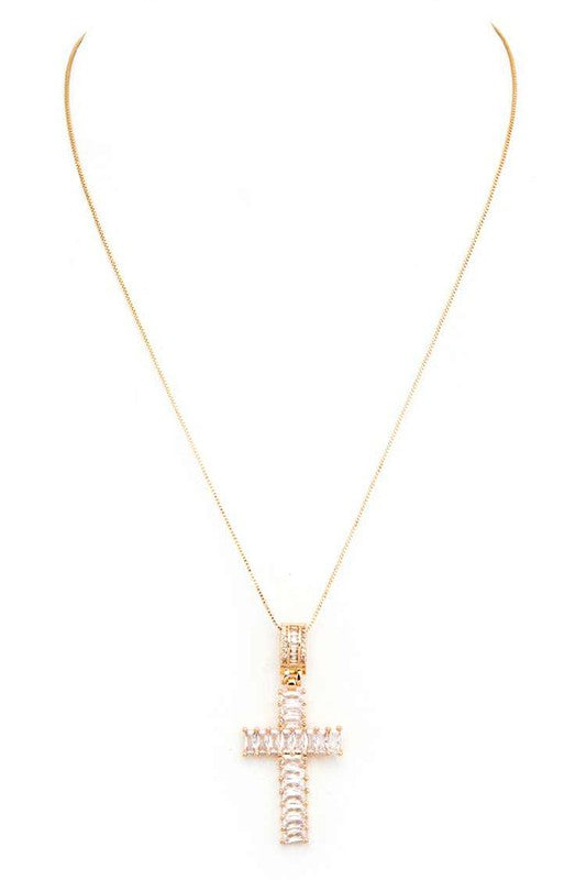 CZ Baguette Cross Pendant Necklace