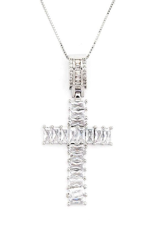 CZ Baguette Cross Pendant Necklace