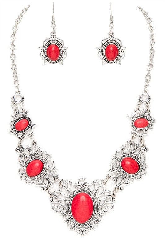 Oval Stone Bib Necklace Set