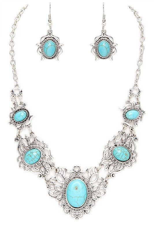 Oval Stone Bib Necklace Set