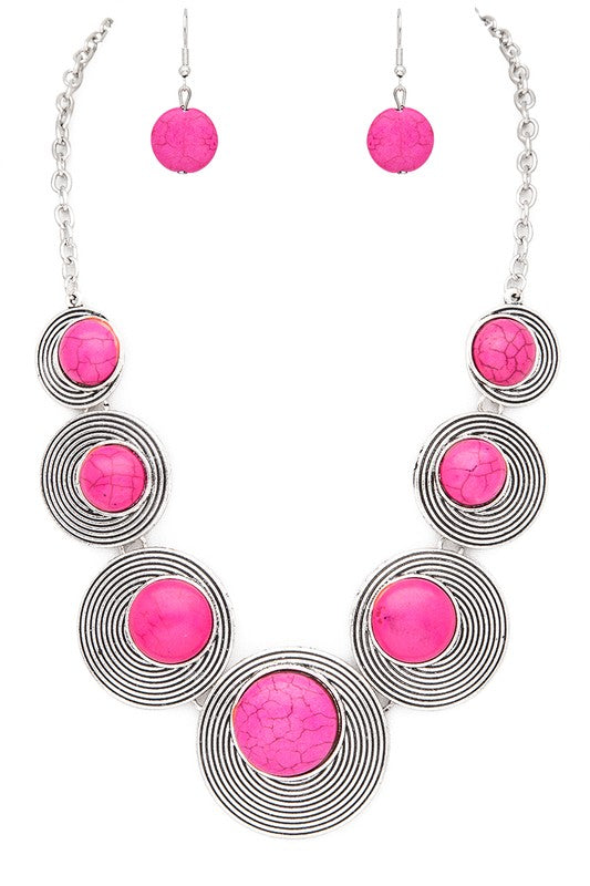 Round Stone Bib Necklace Set