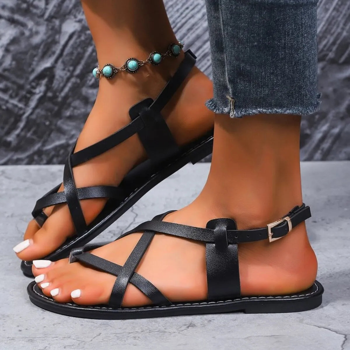 Strappy Cross-Strap Flat Sandals in Black - women's strappy flat sandals