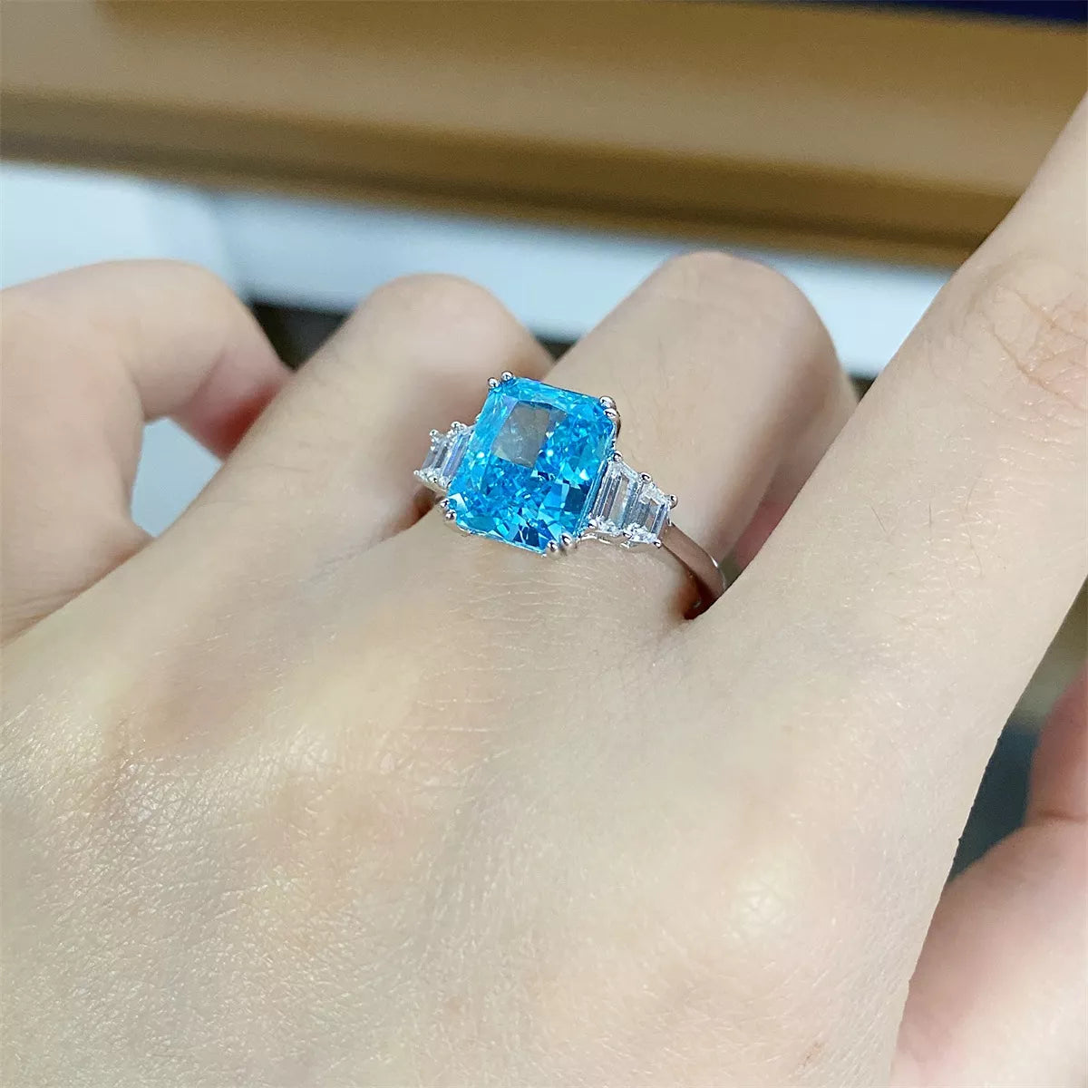 Sterling Silver Zircon Geometric Ring in Pastel Blue - women's ring
