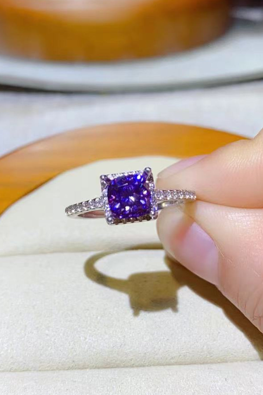 1 Carat Moissanite Platinum-Plated Square Ring in Purple - women's ring