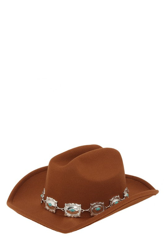 Dress up any outfit with this vintage-inspired Fedora Hat. Its timeless design is enhanced by a stunning silver and turquoise chain accent, adding a touch of elegance to your look. Crafted from quality materials, this hat is sure to become a staple in your wardrobe. Brim Size: 15" x 14" x 3". Free shipping on all orders. Shop now!