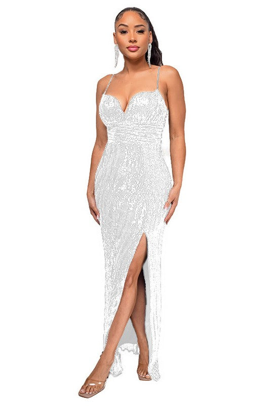 Sequined Side-Slit Evening Gown