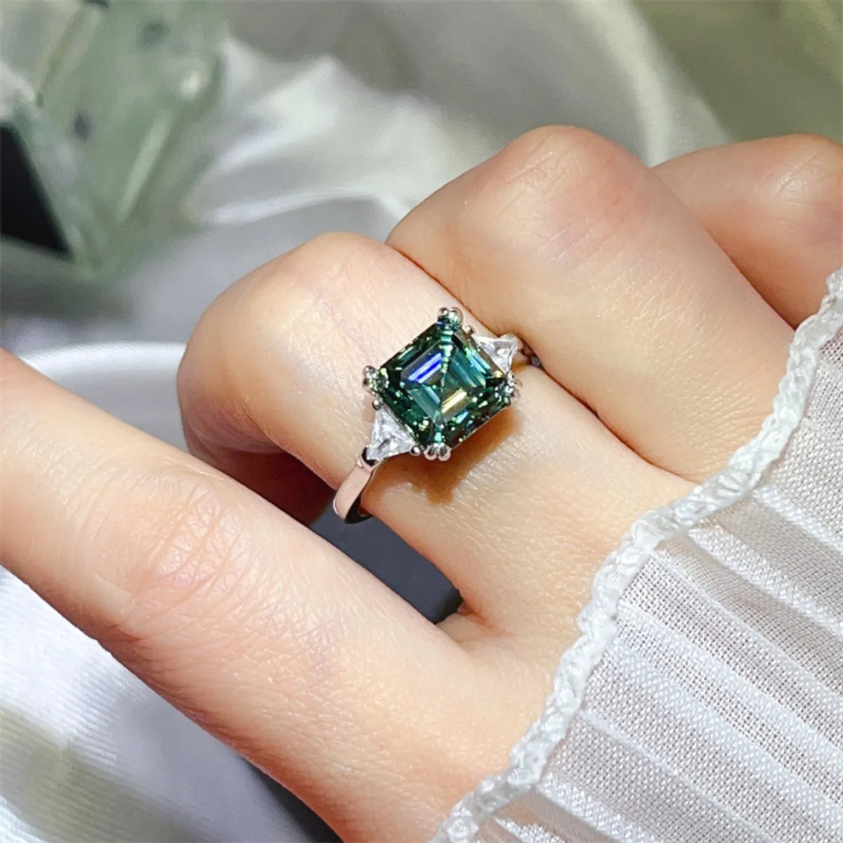 3 Carat Moissanite Sterling Silver Ring in Dark Green - women's ring