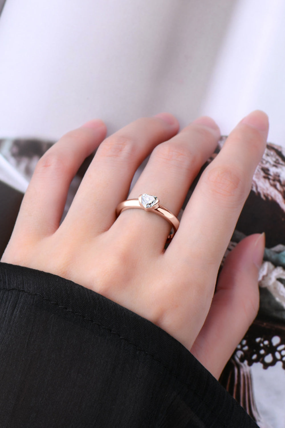 Moissanite Sterling Silver Heart Solitaire Ring in Rose Gold - women's solitaire ring