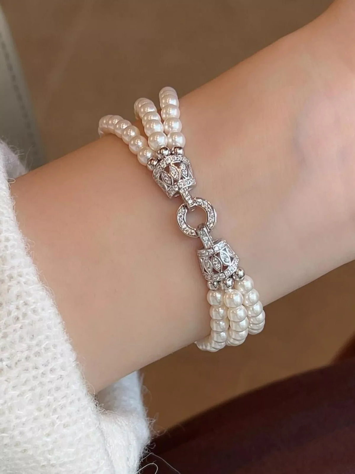 Three Layers Pearl Bracelet in Silver - women's pearl bracelet