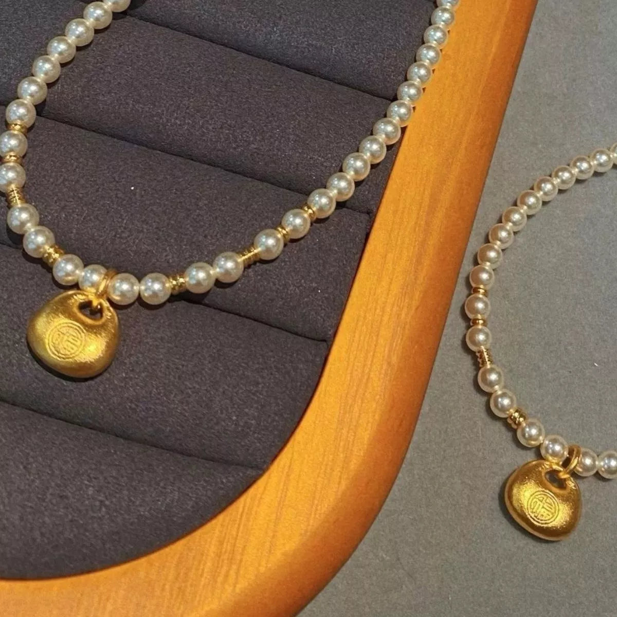 Pearl Necklace with Golden Pendant - alternate necklace view