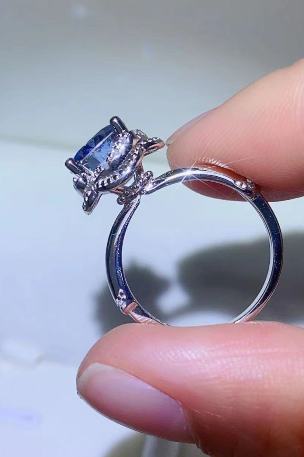 2 Carat Moissanite Contrast Sterling Silver Ring in Blue - women's ring