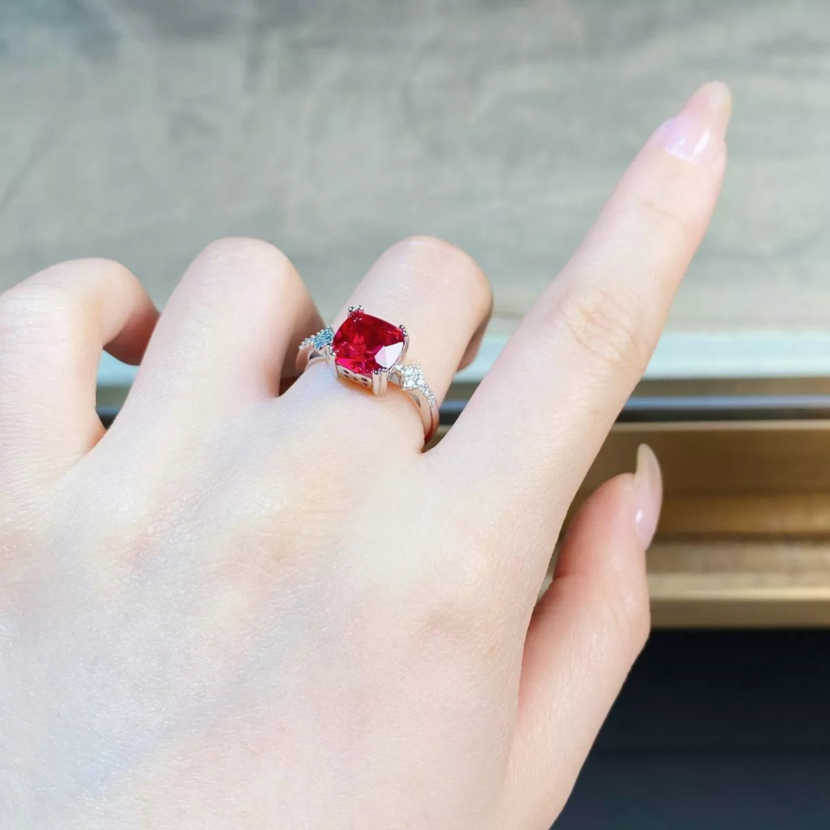 Sterling Silver Zircon Geometric Ring in Red - women's ring