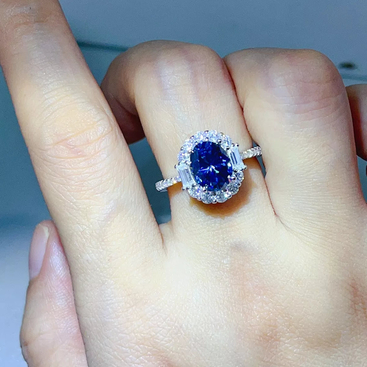 3 Carat Sterling Silver Moissanite Ring in Blue - women's ring