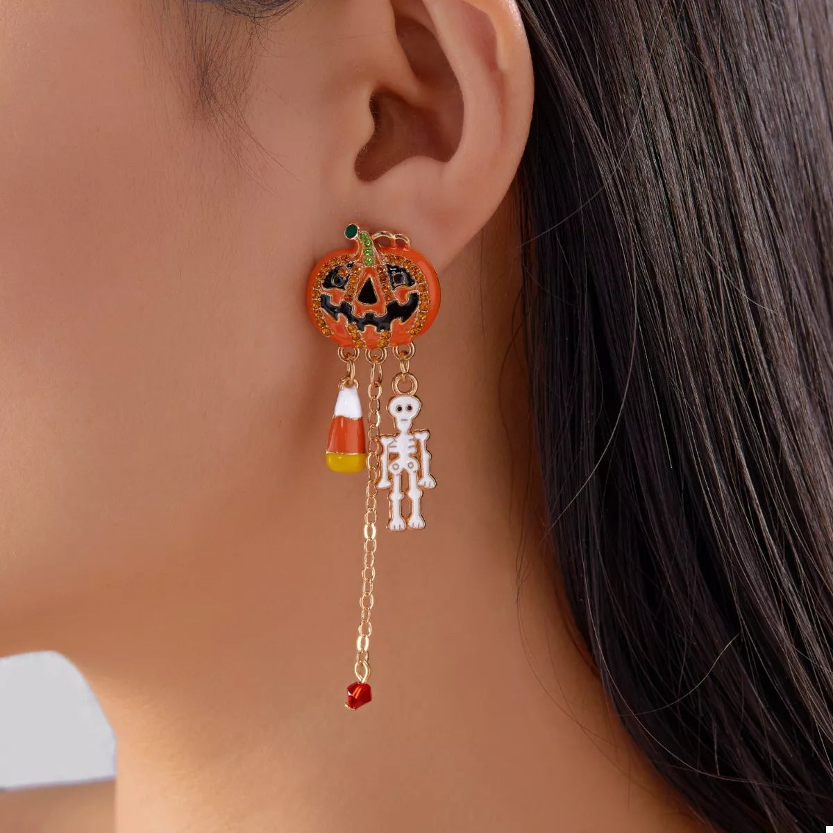Halloween Pumpkin Drop Chain Earrings - alternate earring view