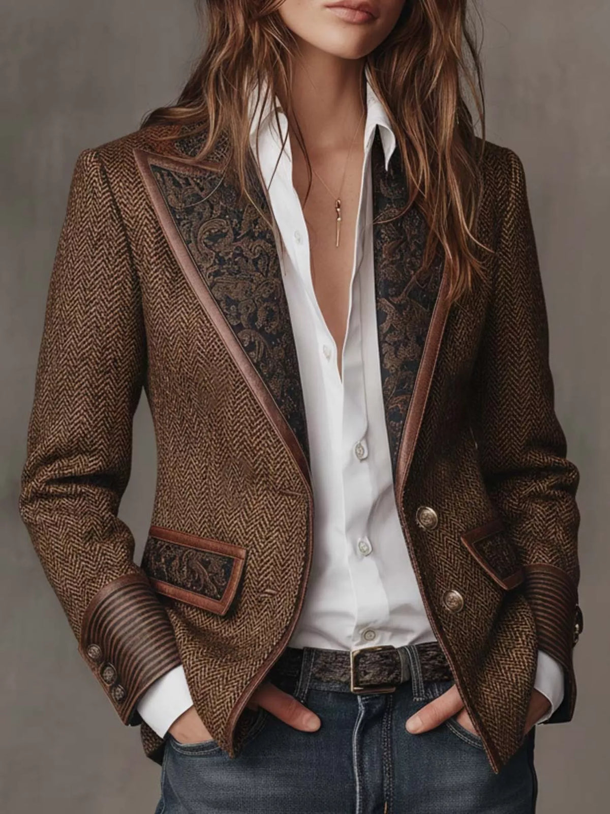 Full Size Lapel Collar Slim Fit Blazer Plus Size in Brown - Blossom's