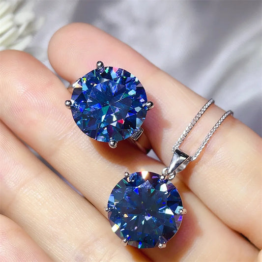 10 Carat Moissanite Sterling Silver Ring and Necklace Set in Royal Blue - women's necklace