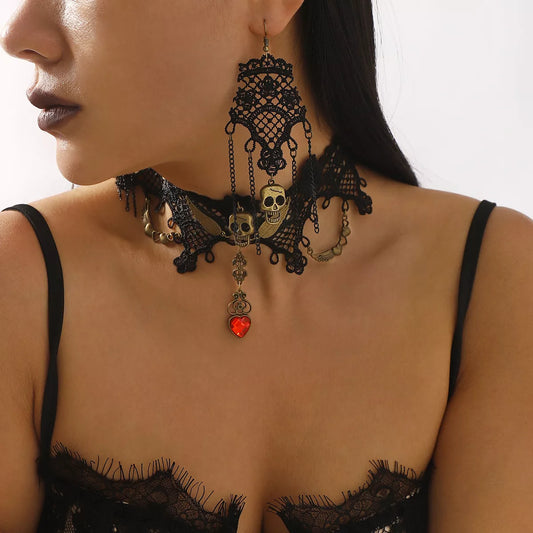 Halloween Lace Skull Necklace and Earrings Set in Black - women's necklace