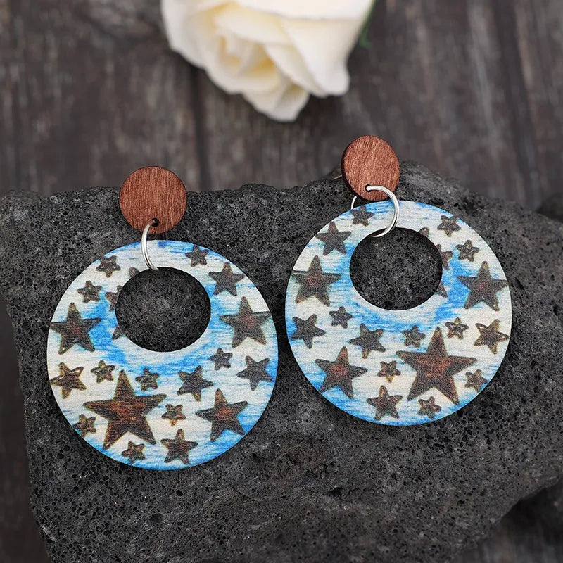 Cutout Star Print Wooden Dangle Earrings - alternate earring view