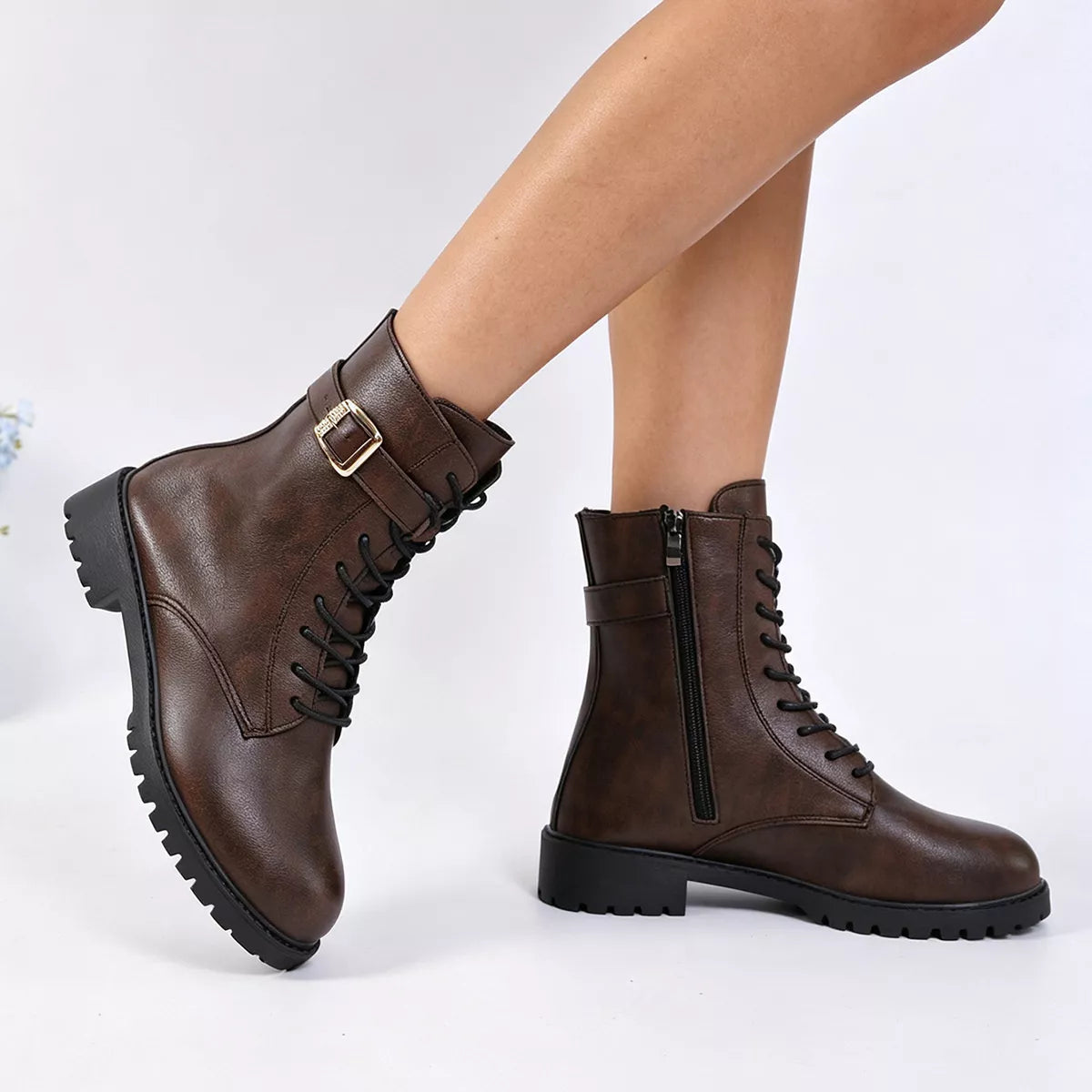 Round-Toe Lace-Up Boots in Coffee Brown - women's boots